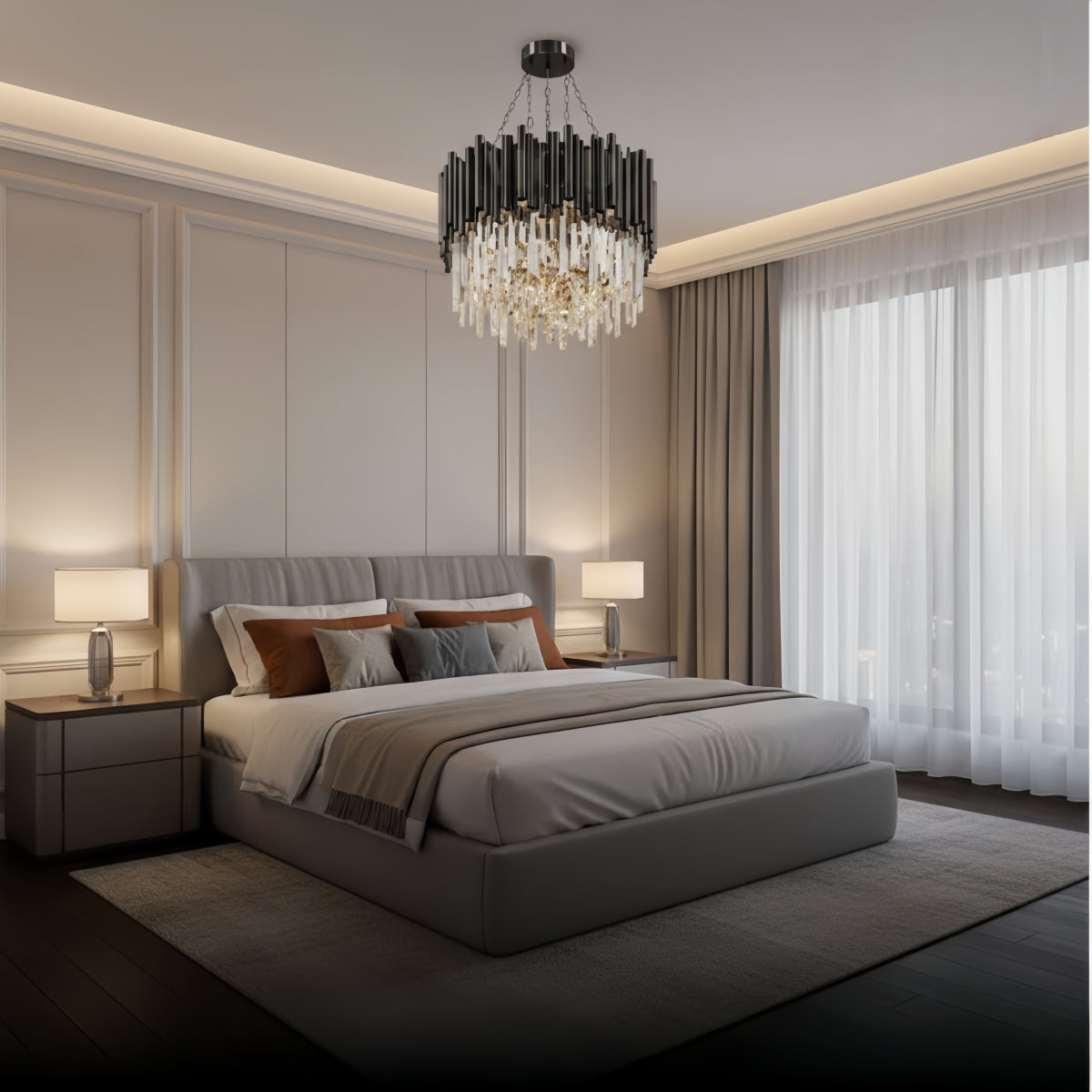 Excelis Modern Crystal Chandelier – Black Frame Sparkling Focal Point for Dining/Living Room