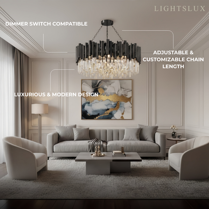 Modern Crystal Chandelier – Black Frame Sparkling Focal Point for Dining/Living Room