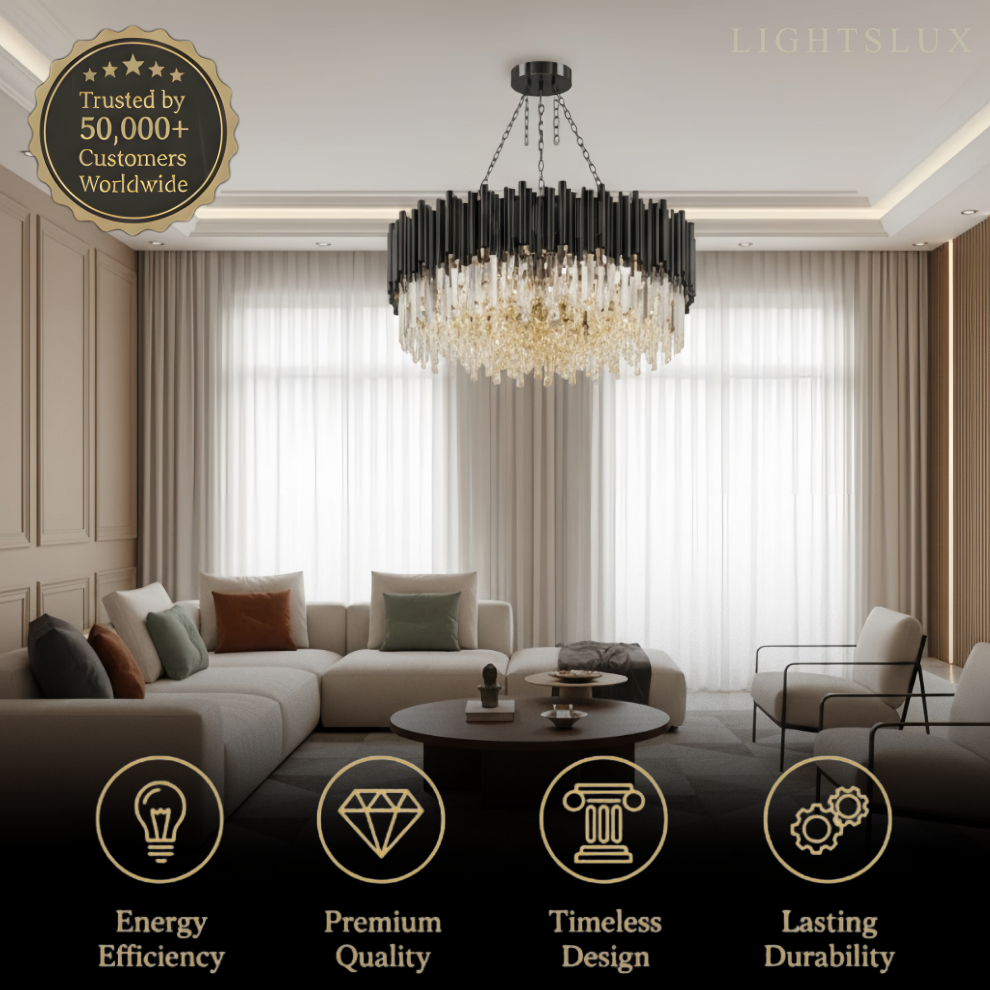 Modern Crystal Chandelier – Black Frame Sparkling Focal Point for Dining/Living Room
