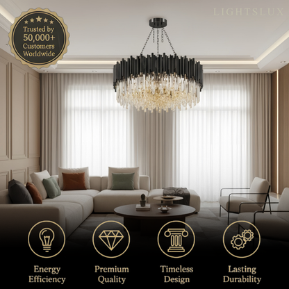 Modern Crystal Chandelier – Black Frame Sparkling Focal Point for Dining/Living Room