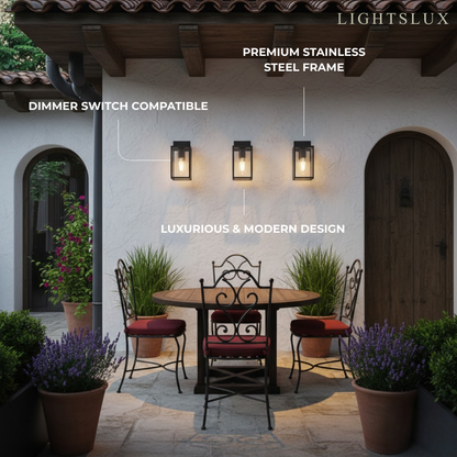 Modern Outdoor Wall Sconce – Black Stainless Steel with Clear Glass for Porch/Patio