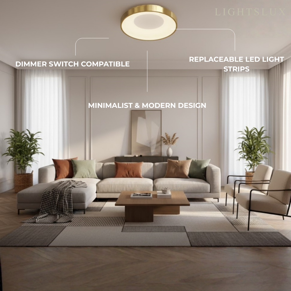 Modern Flush Mount Ceiling Light – Gold/ Black Dimmable LED for Living Room