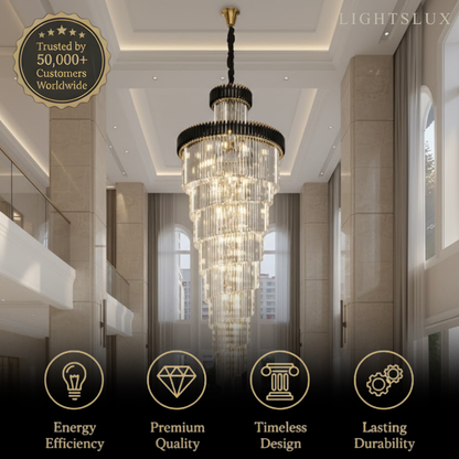 Excelis Luxury Cone Crystal Chandelier – Black Onyx Gold Large Dimmable for Foyer/Grand Hall