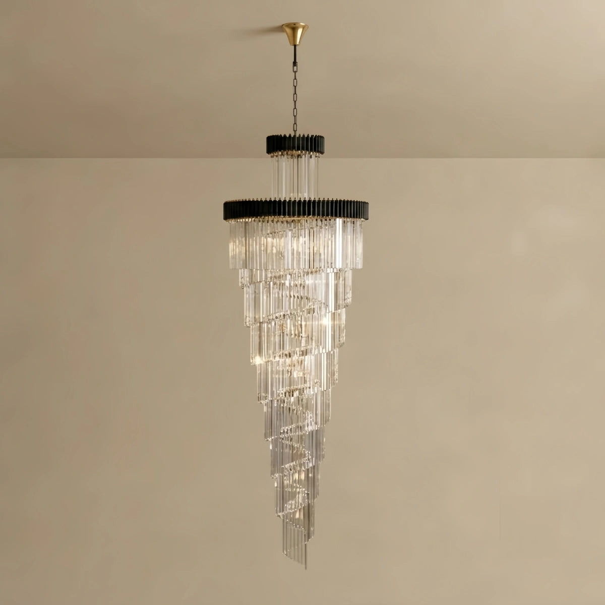 Excelis Luxury Cone Crystal Chandelier – Black Onyx Gold Large Dimmable for Foyer/Grand Hall