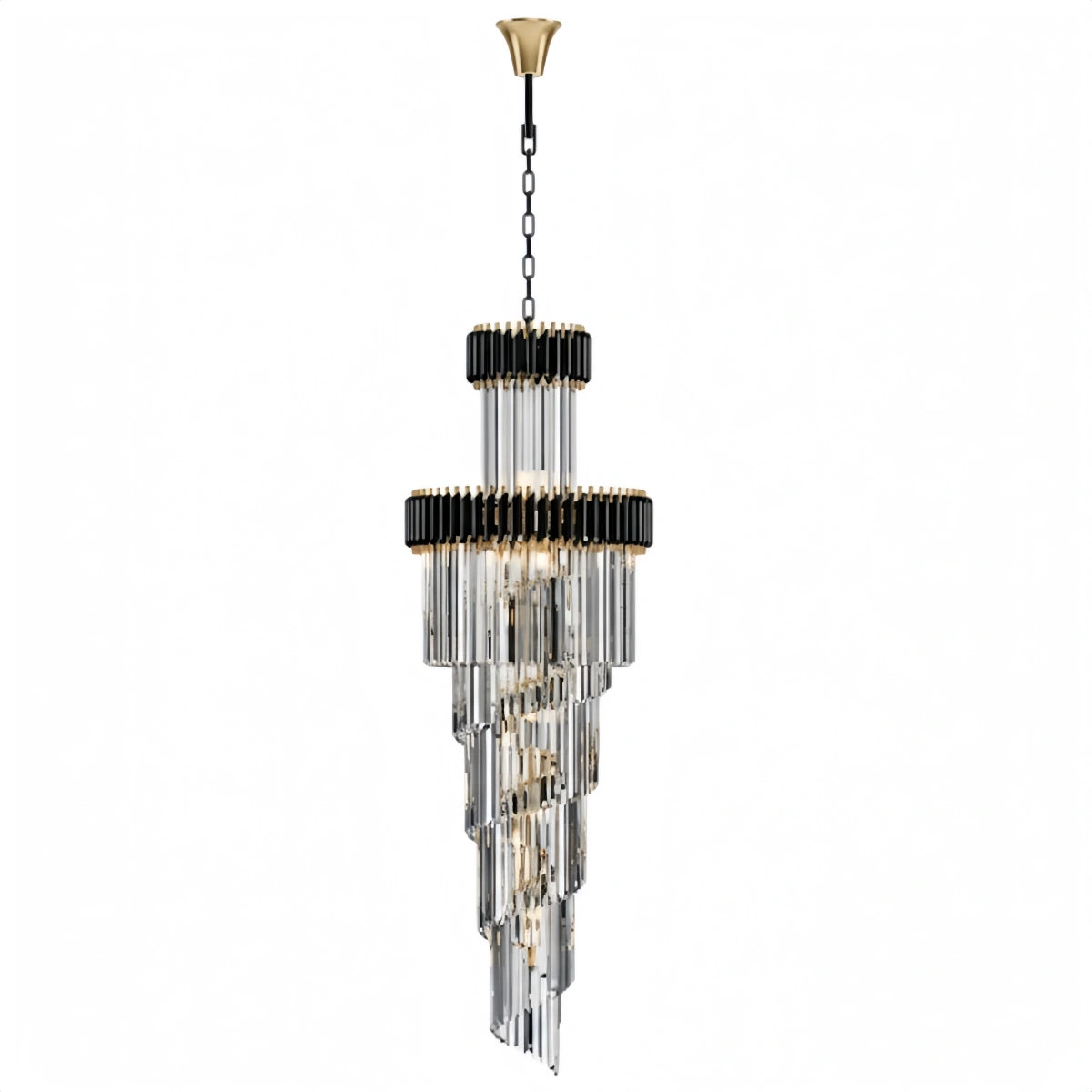 Excelis Luxury Cone Crystal Chandelier – Black Onyx Gold Large Dimmable for Foyer/Grand Hall