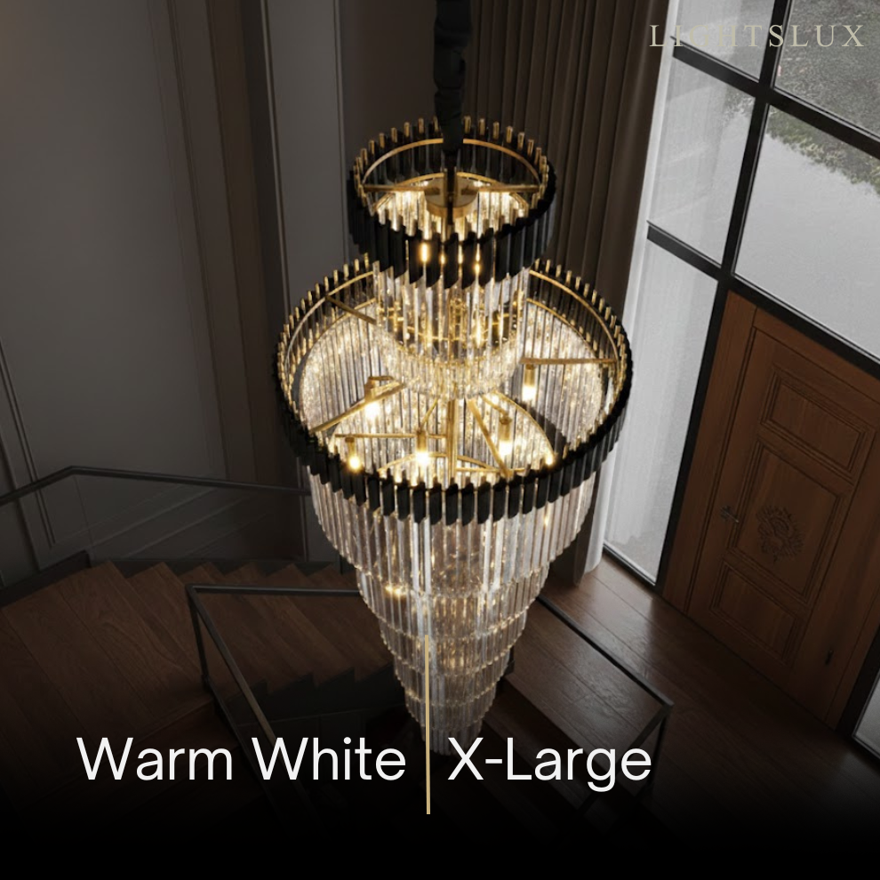 Excelis Luxury Cone Crystal Chandelier – Black Onyx Gold Large Dimmable for Foyer/Grand Hall