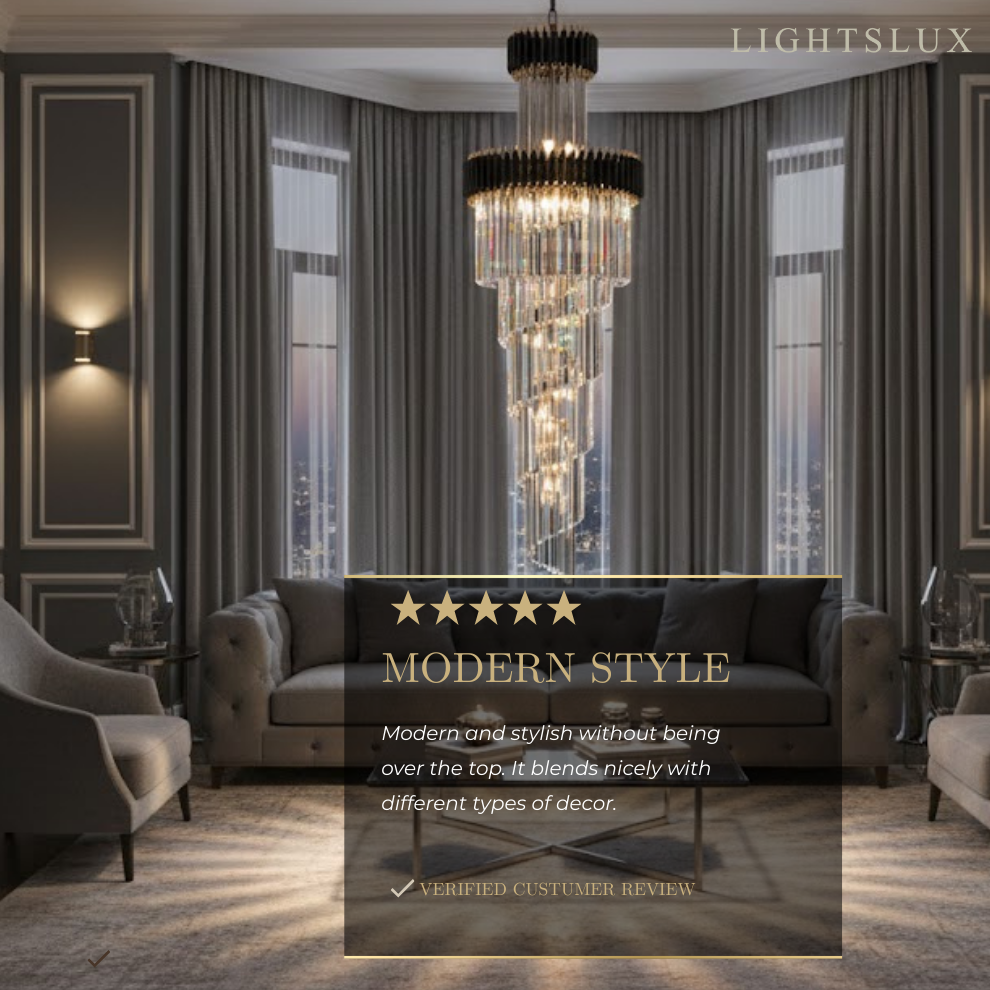 Excelis Luxury Cone Crystal Chandelier – Black Onyx Gold Large Dimmable for Foyer/Grand Hall
