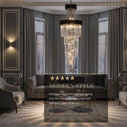 Excelis Luxury Cone Crystal Chandelier – Black Onyx Gold Large Dimmable for Foyer/Grand Hall