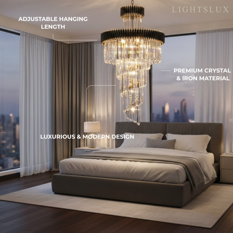 Excelis Luxury Cone Crystal Chandelier – Black Onyx Gold Large Dimmable for Foyer/Grand Hall