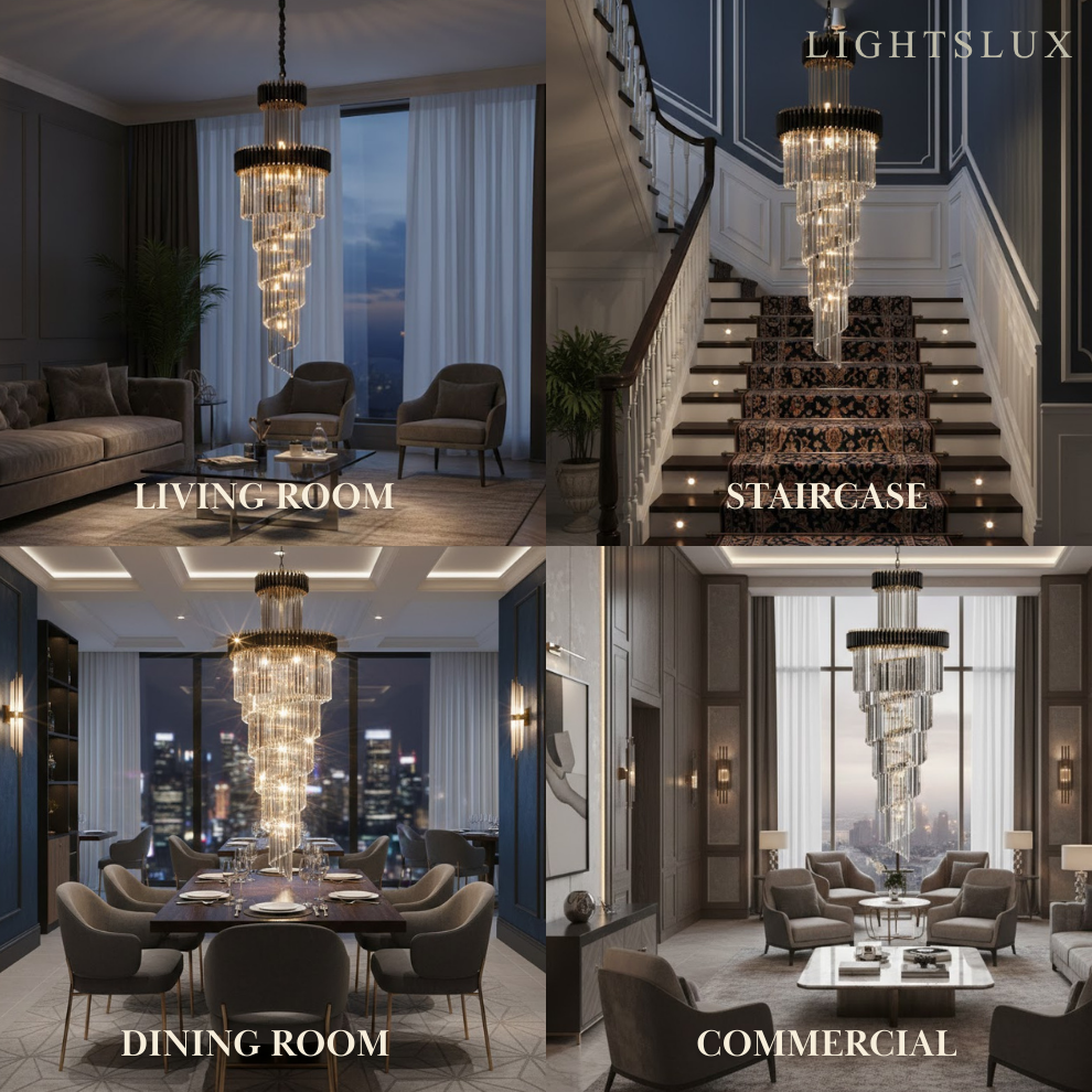 Excelis Luxury Cone Crystal Chandelier – Black Onyx Gold Large Dimmable for Foyer/Grand Hall