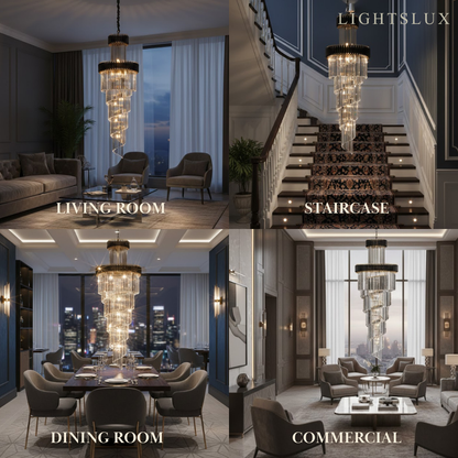 Excelis Luxury Cone Crystal Chandelier – Black Onyx Gold Large Dimmable for Foyer/Grand Hall