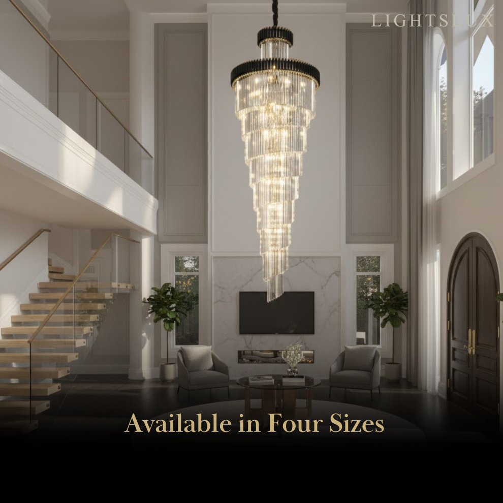Excelis Luxury Cone Crystal Chandelier – Black Onyx Gold Large Dimmable for Foyer/Grand Hall