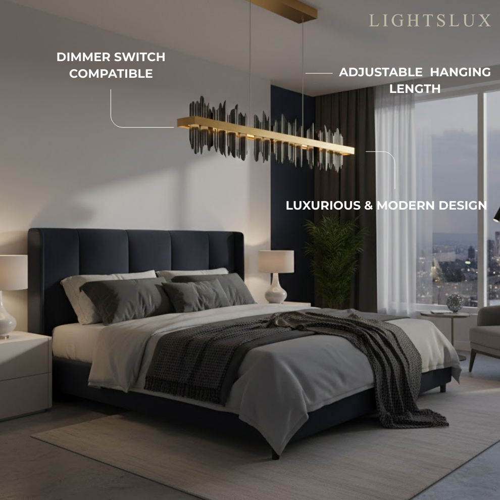 Modern Linear Pendant Light – Polished Gold Border on Jet Black Iron for Kitchen