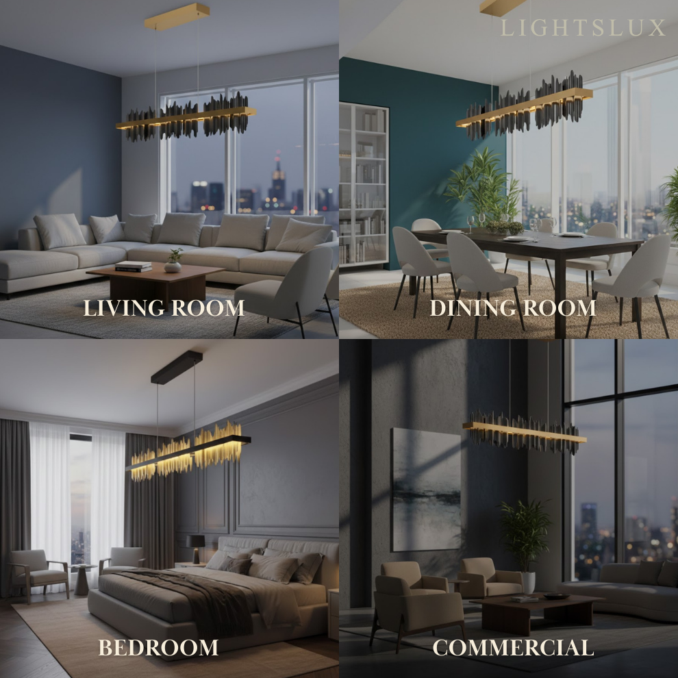 Modern Linear Pendant Light – Polished Gold Border on Jet Black Iron for Kitchen