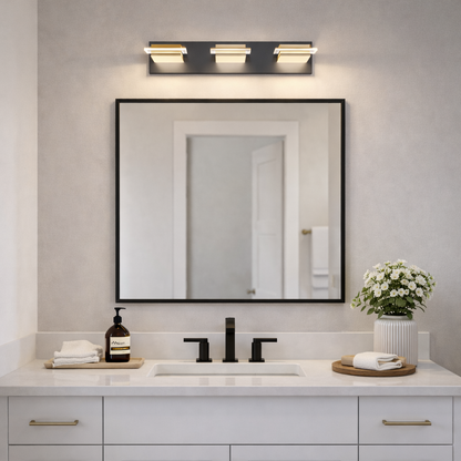 Arcato Modern 3-Light Bathroom Vanity – Cube Acrylic Shades on Matte Black & Gold Bathroom