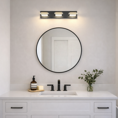 Arcato Modern 3-Light Bathroom Vanity – Cube Acrylic Shades on Matte Black & Gold Bathroom