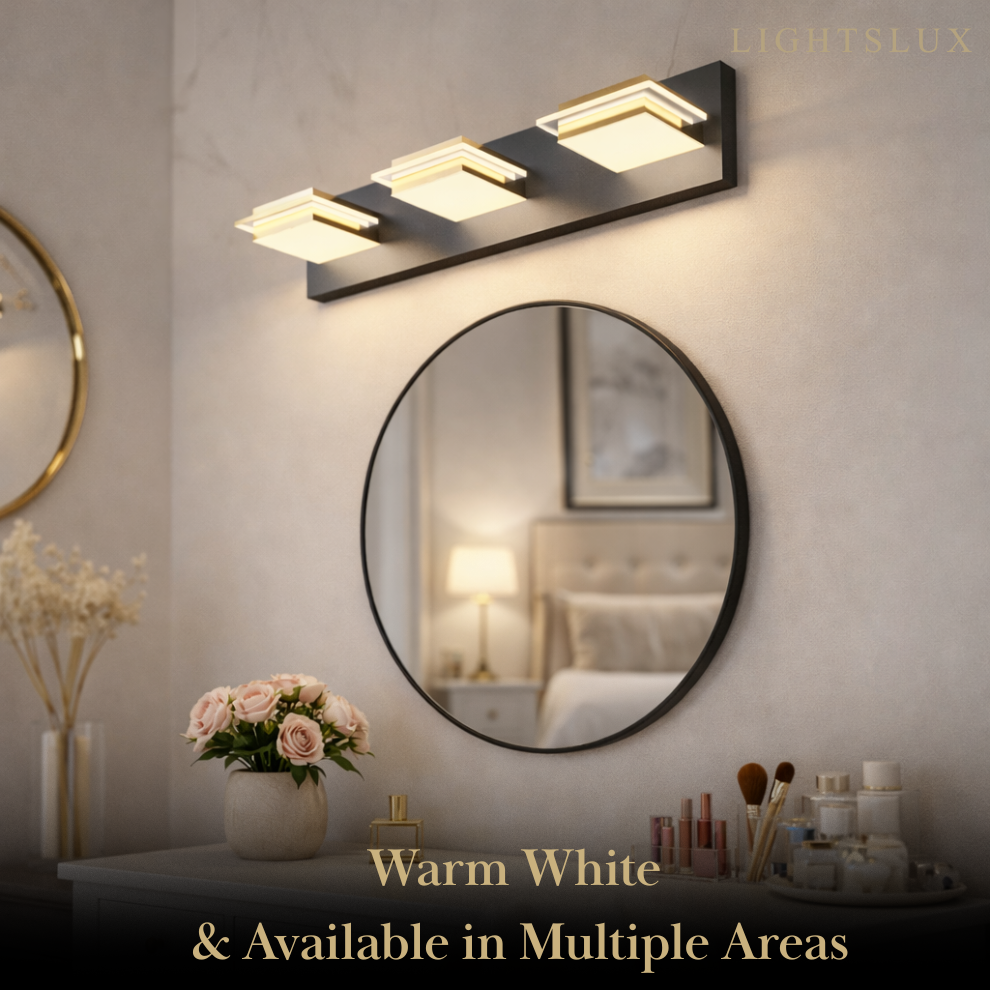 Arcato Modern 3-Light Bathroom Vanity – Cube Acrylic Shades on Matte Black & Gold Bathroom