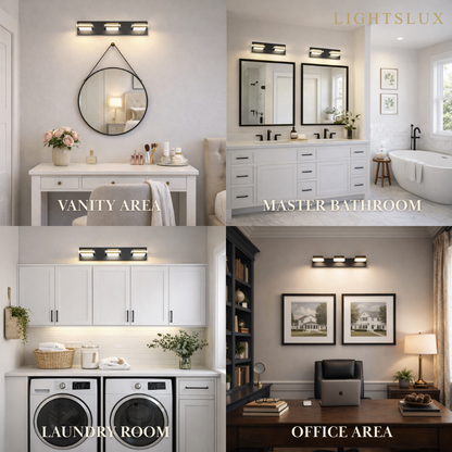 Arcato Modern 3-Light Bathroom Vanity – Cube Acrylic Shades on Matte Black & Gold Bathroom