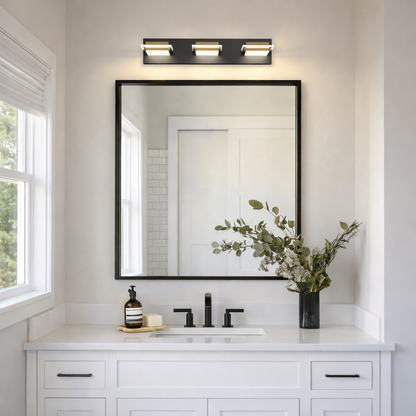 Arcato Modern 3-Light Bathroom Vanity – Cube Acrylic Shades on Matte Black & Gold Bathroom