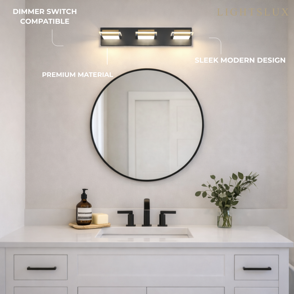 Arcato Modern 3-Light Bathroom Vanity – Cube Acrylic Shades on Matte Black & Gold Bathroom