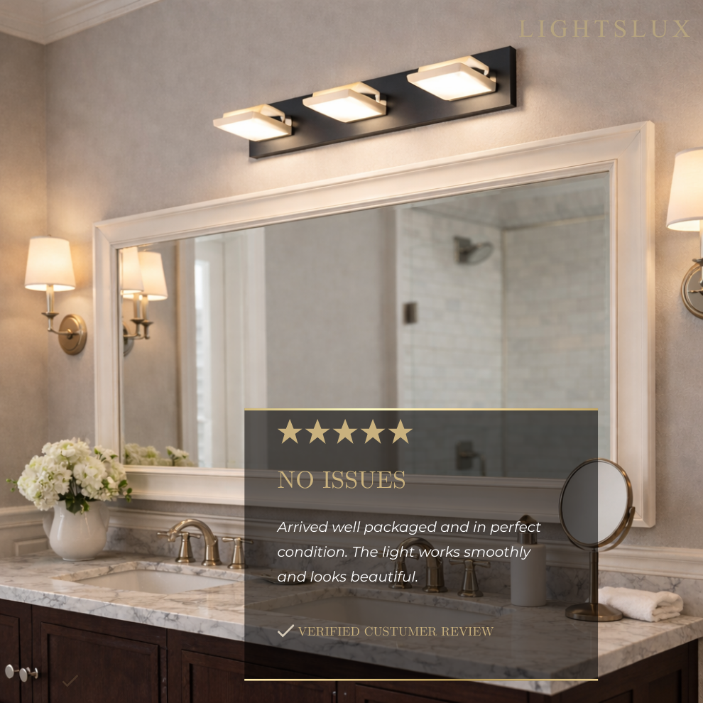 Arcato Modern 3-Light Bathroom Vanity – Cube Acrylic Shades on Matte Black & Gold Bathroom