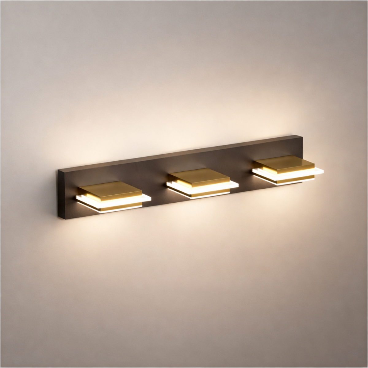 Arcato Modern 3-Light Bathroom Vanity – Cube Acrylic Shades on Matte Black & Gold Bathroom