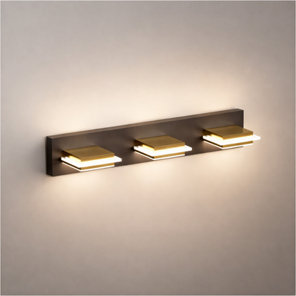 Arcato Modern 3-Light Bathroom Vanity – Cube Acrylic Shades on Matte Black & Gold Bathroom