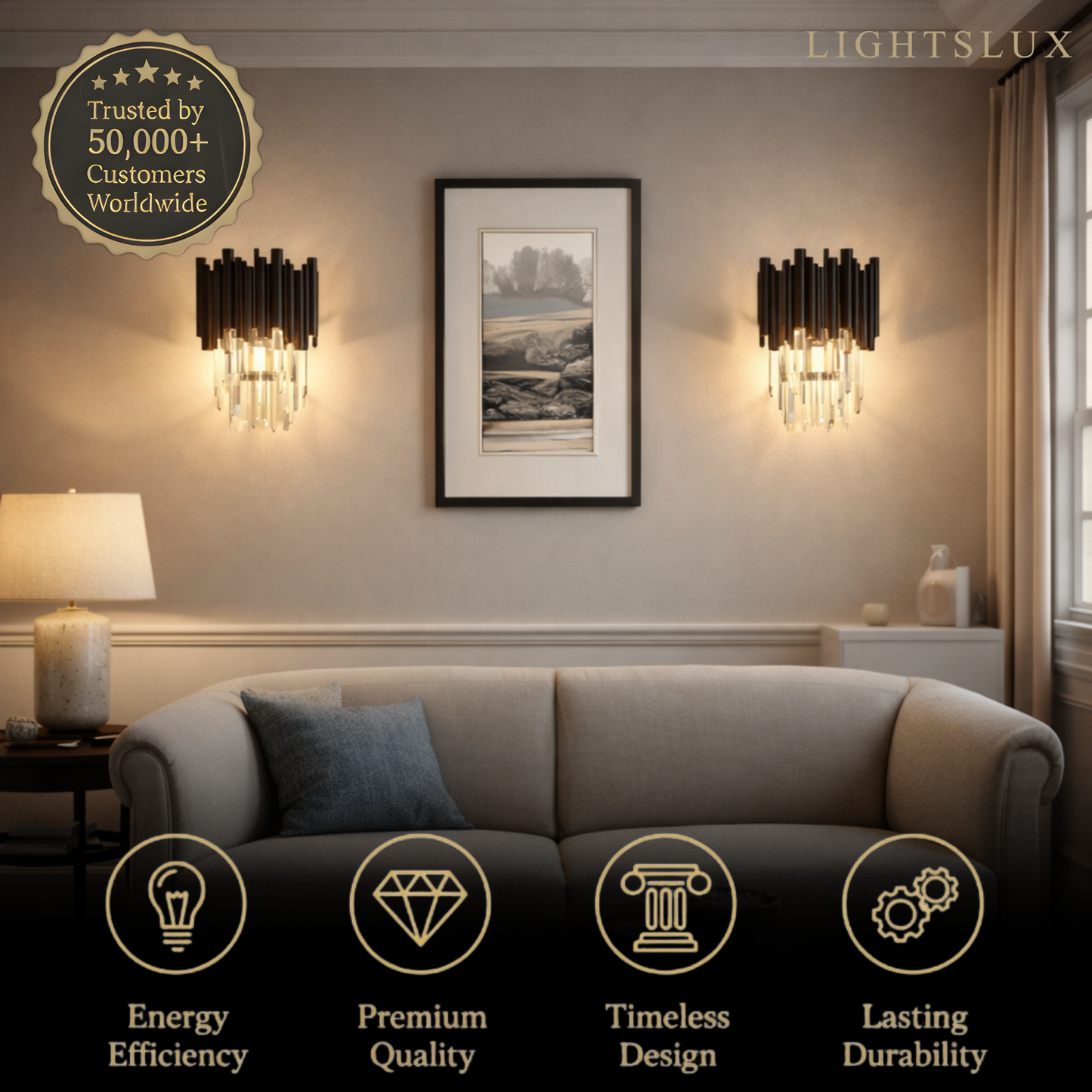 Excelis Luxury Obsidian Crystal Wall Sconce – Black Stainless Steel with Clear Crystals