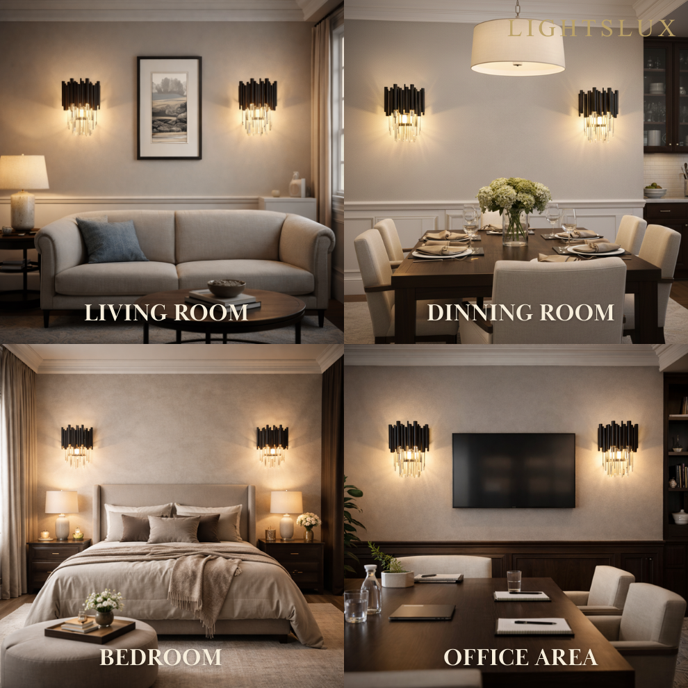 Luxury Obsidian Crystal Wall Sconce – Black Stainless Steel with Clear Crystals