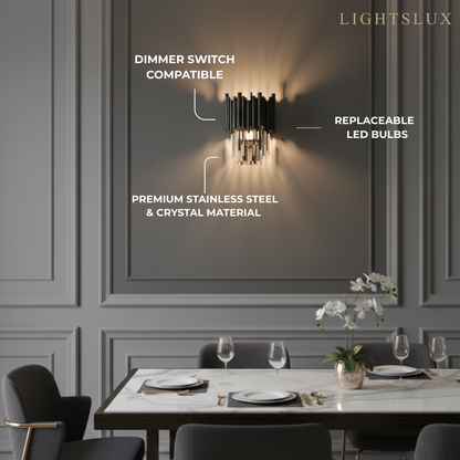 Luxury Obsidian Crystal Wall Sconce – Black Stainless Steel with Clear Crystals