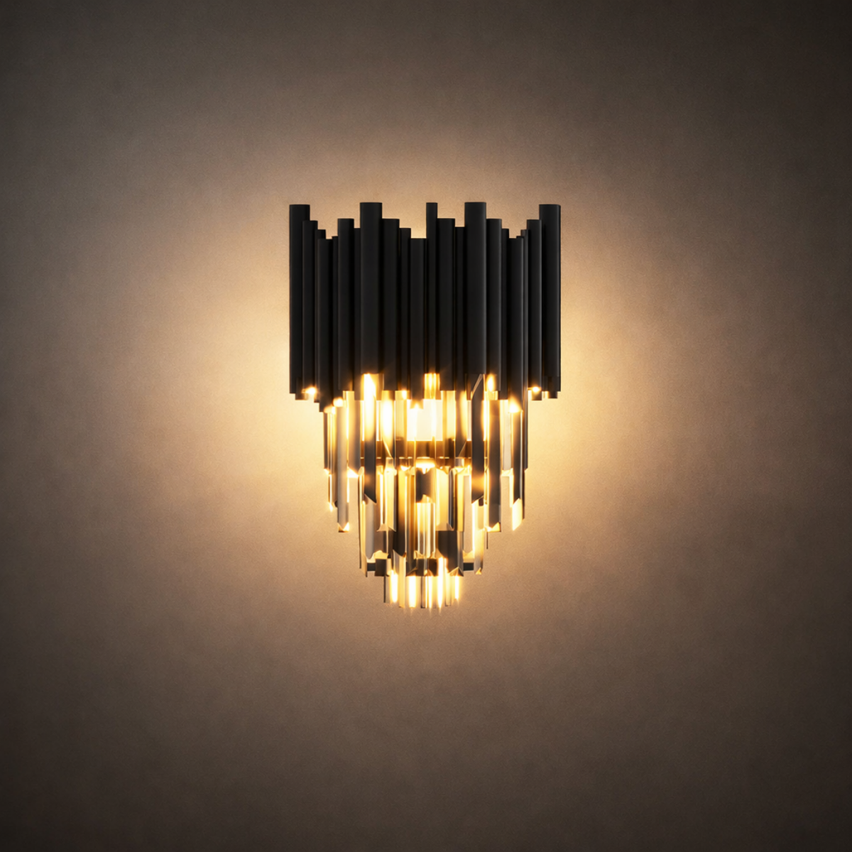 Luxury Obsidian Crystal Wall Sconce – Black Stainless Steel with Clear Crystals