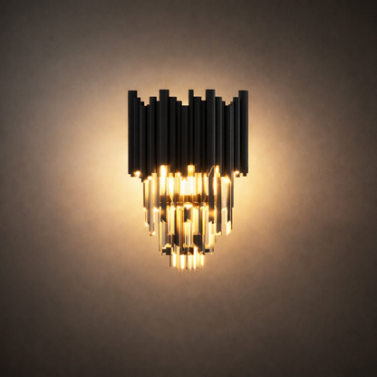 Luxury Obsidian Crystal Wall Sconce – Black Stainless Steel with Clear Crystals