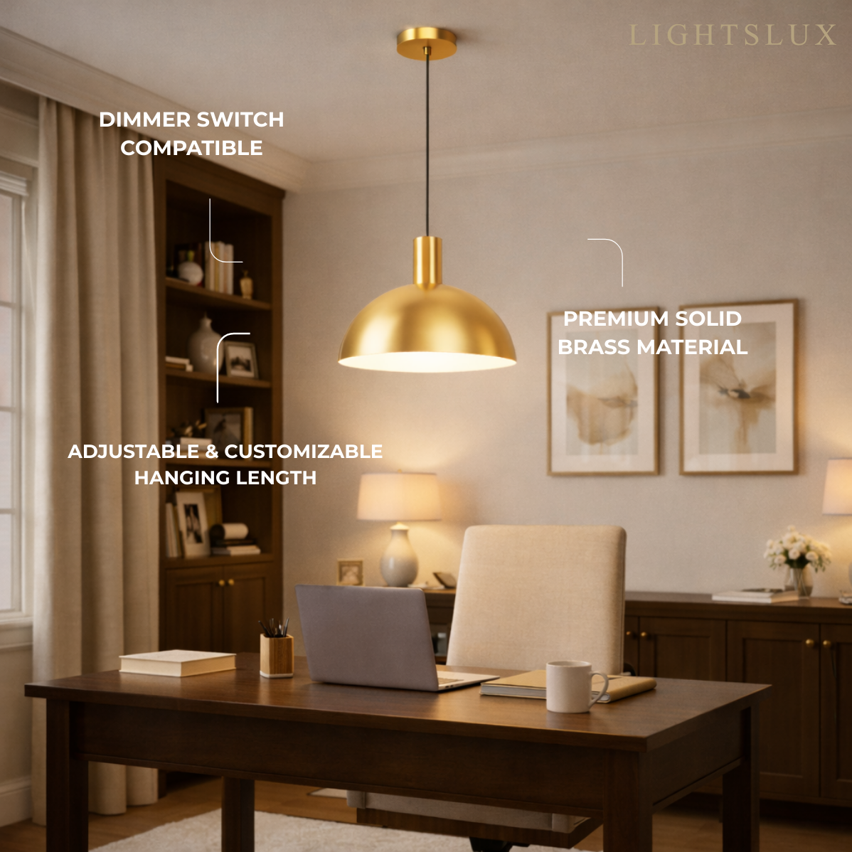 Mid-Century Pendant Light – Solid Brass in Brushed Gold/Black Matte for Dining Room