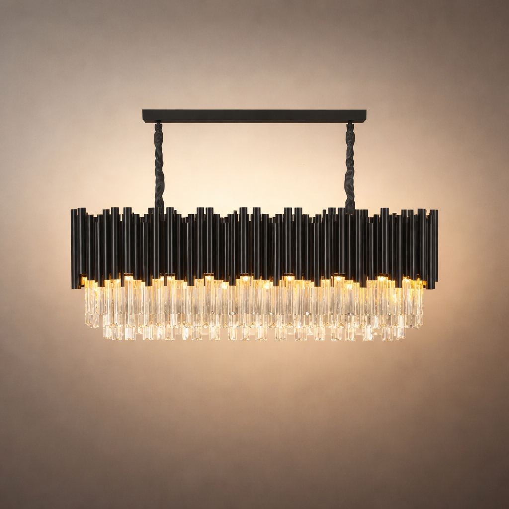 Excelis Luxury Obsidian Pendant – Black Frame Layered/High-Quality Crystals for Indoor Space