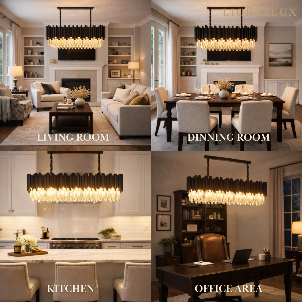 Excelis Luxury Obsidian Pendant – Black Frame Layered/High-Quality Crystals for Indoor Space