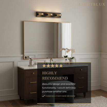 Modern 3-Light Bathroom Vanity – Circular Acrylic Shades on Matte Black/Gold Frame for Bathroom