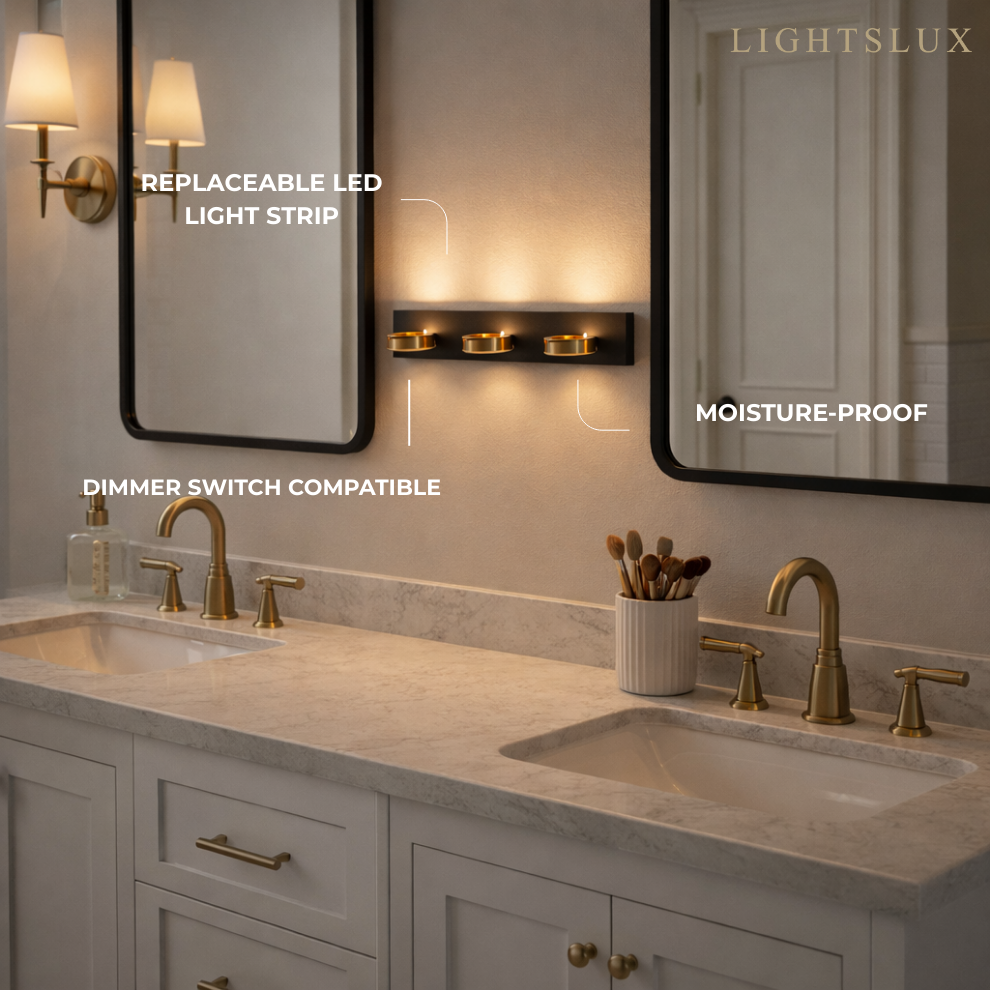 Modern 3-Light Bathroom Vanity – Circular Acrylic Shades on Matte Black/Gold Frame for Bathroom