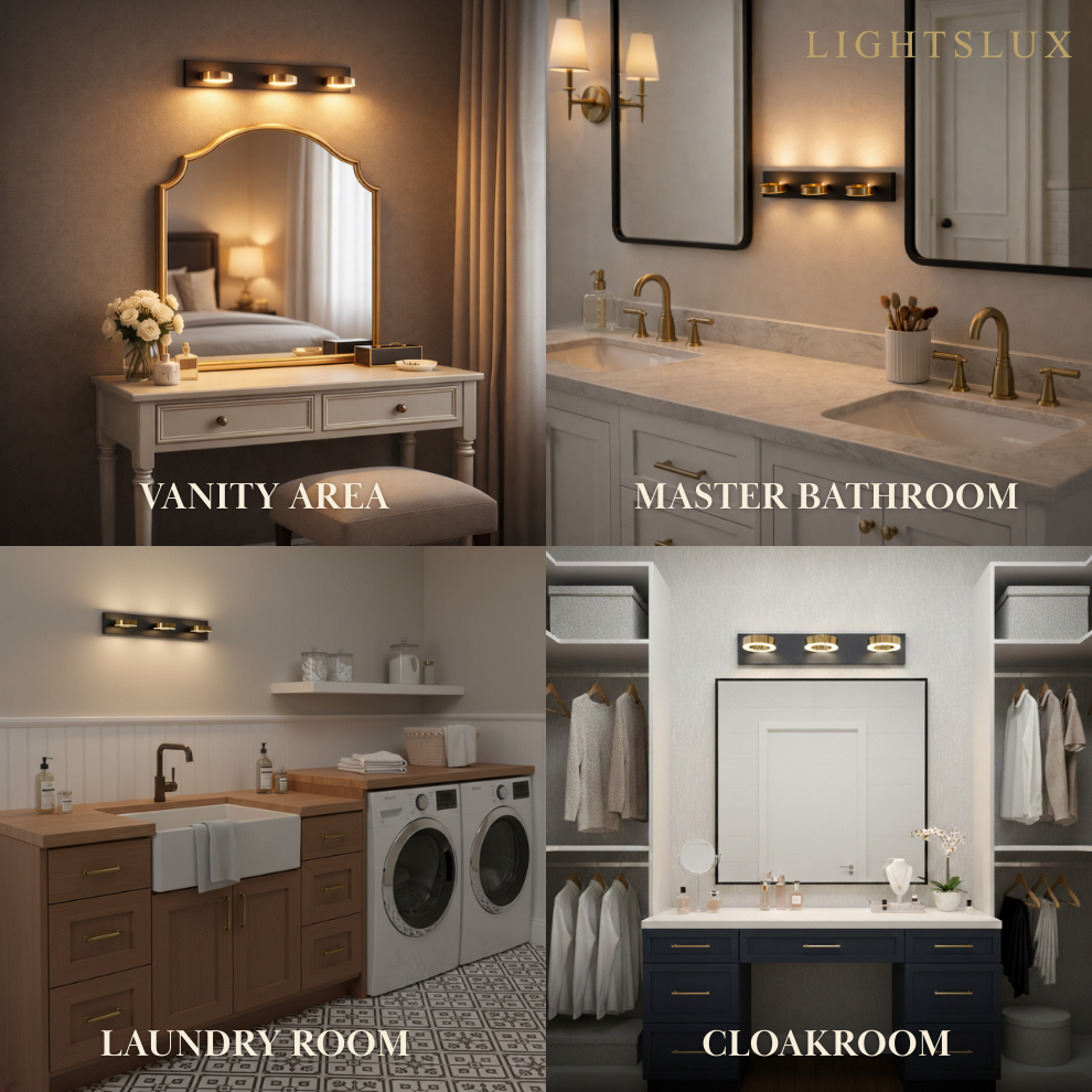 Modern 3-Light Bathroom Vanity – Circular Acrylic Shades on Matte Black/Gold Frame for Bathroom