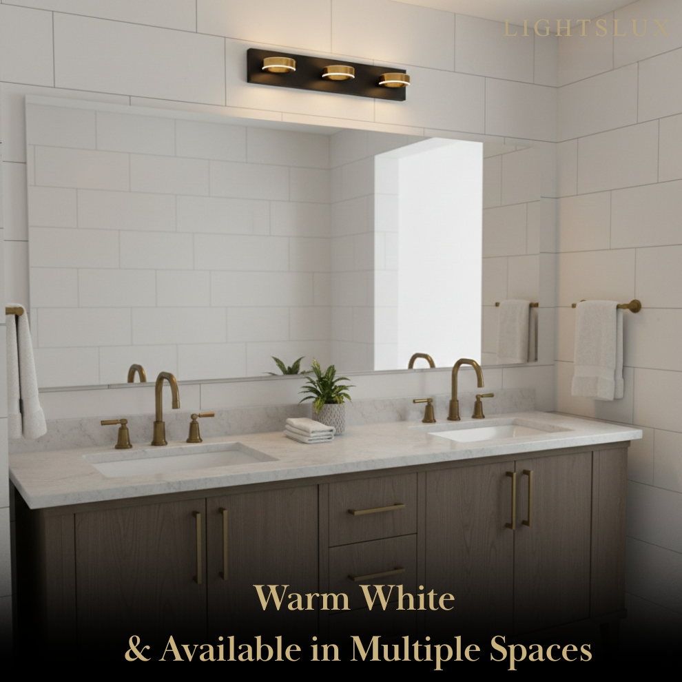 Modern 3-Light Bathroom Vanity – Circular Acrylic Shades on Matte Black/Gold Frame for Bathroom