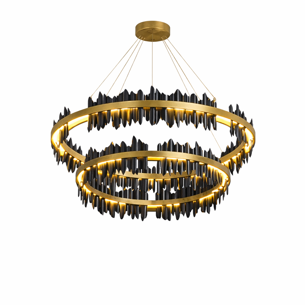 Excelis Dual-Ring Chandelier – Stainless Steel in Jet Black or Polished Gold for Living Room