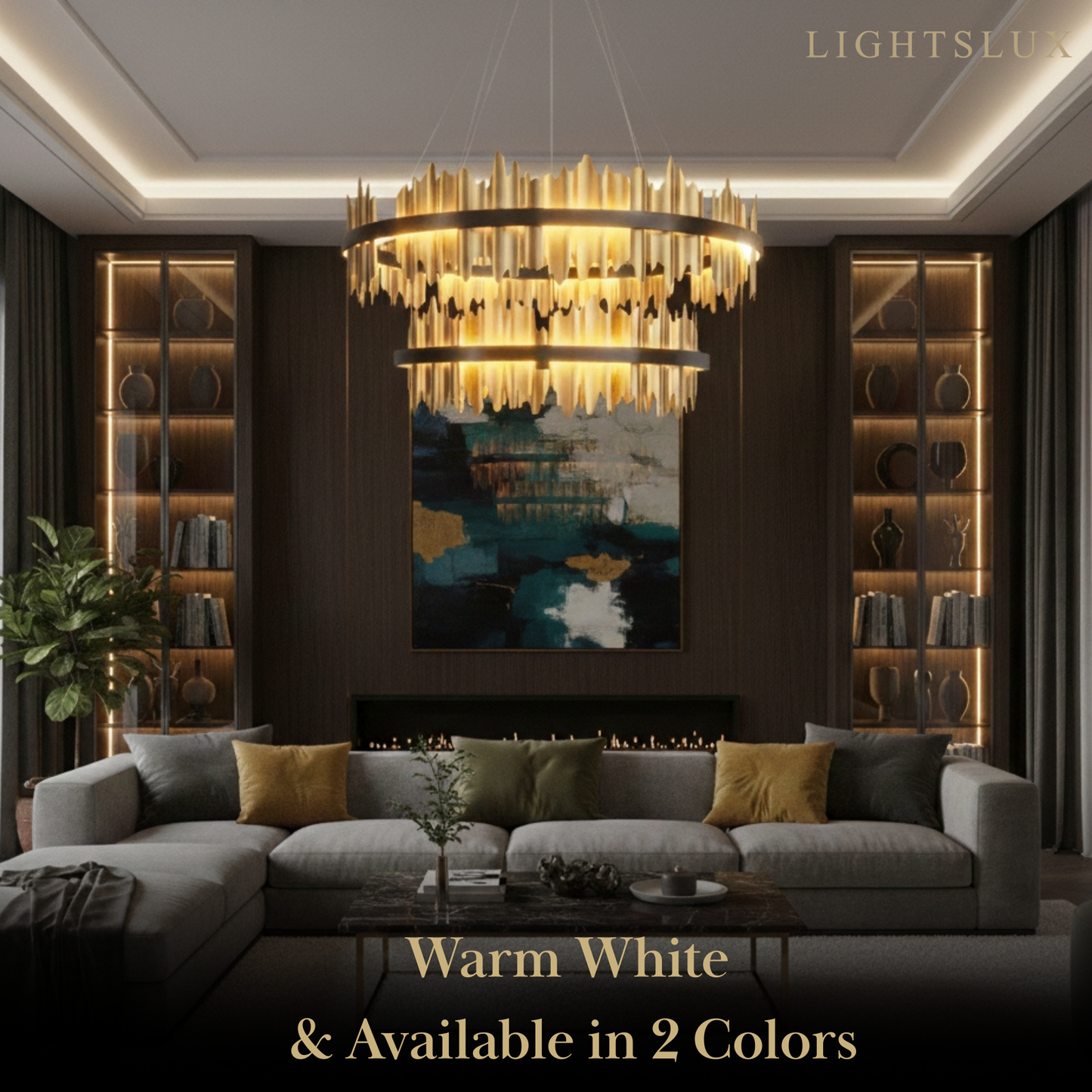 Excelis Dual-Ring Chandelier – Stainless Steel in Jet Black or Polished Gold for Living Room