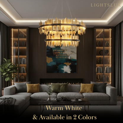 Excelis Dual-Ring Chandelier – Stainless Steel in Jet Black or Polished Gold for Living Room