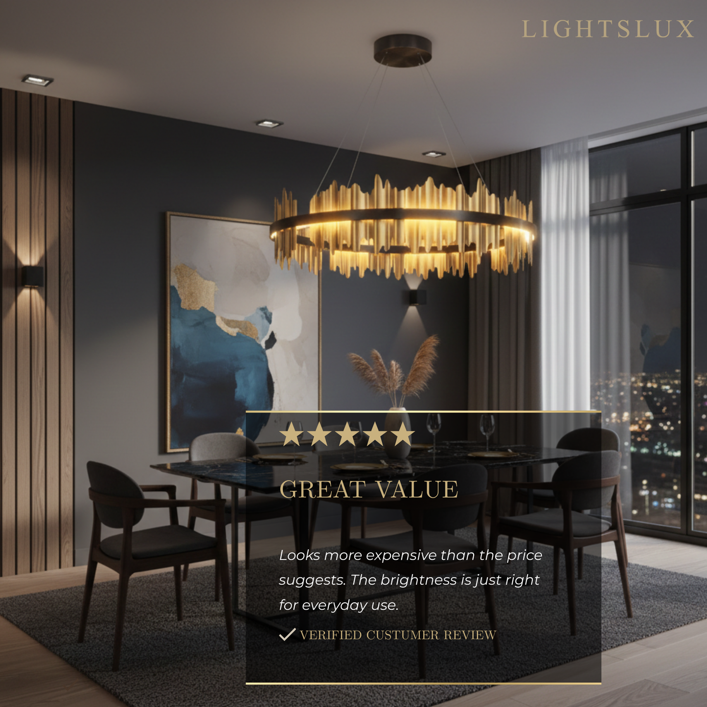 Excelis Dual-Ring Chandelier – Stainless Steel in Jet Black or Polished Gold for Living Room