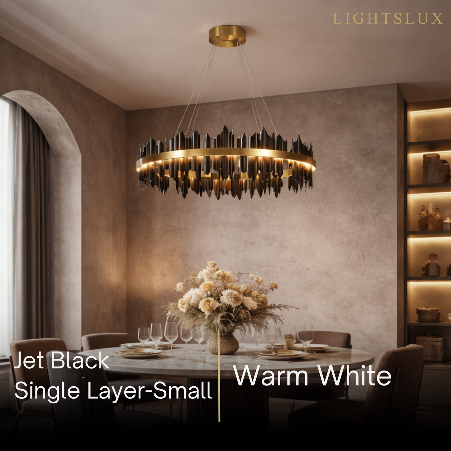 Excelis Dual-Ring Chandelier – Stainless Steel in Jet Black or Polished Gold for Living Room
