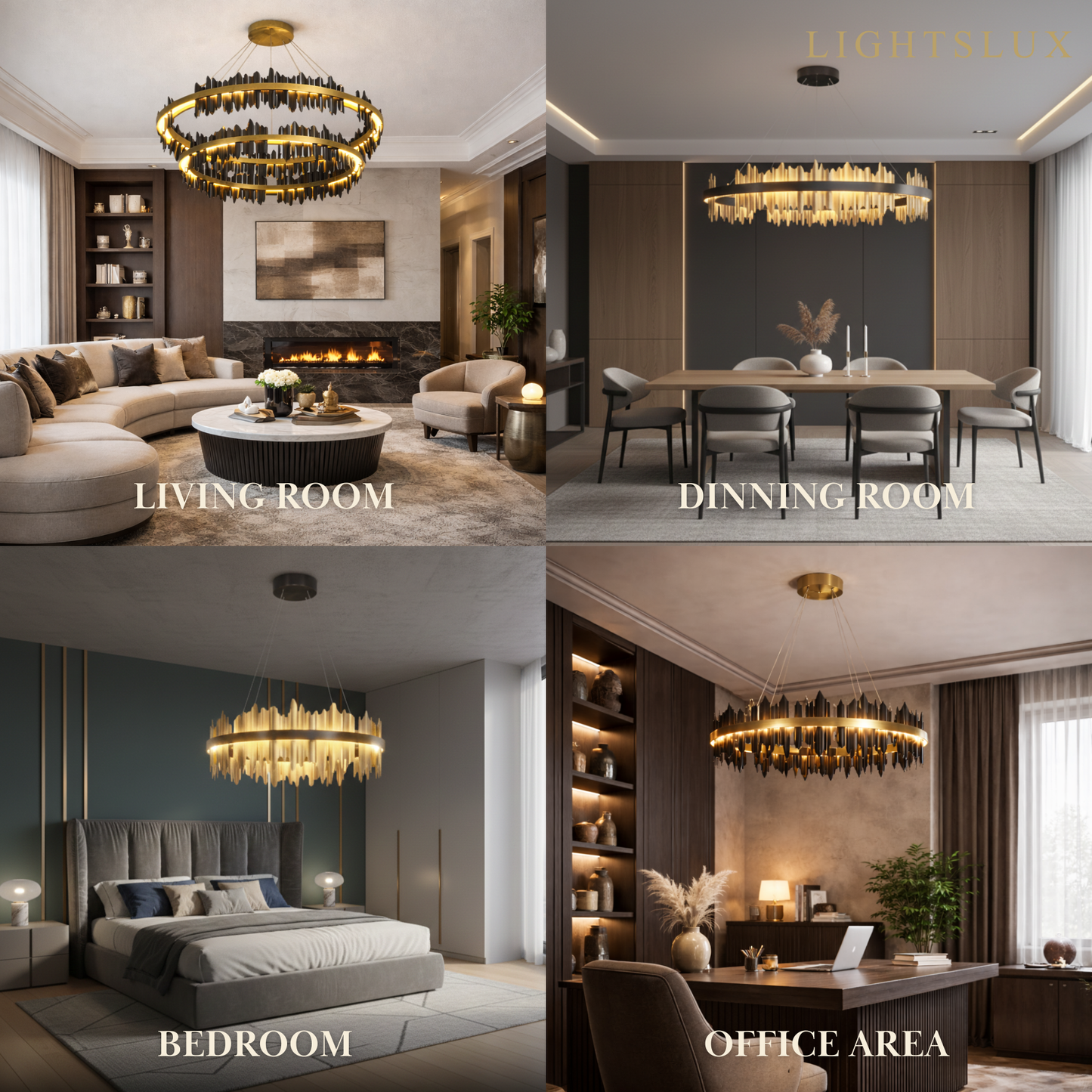 Excelis Dual-Ring Chandelier – Stainless Steel in Jet Black or Polished Gold for Living Room