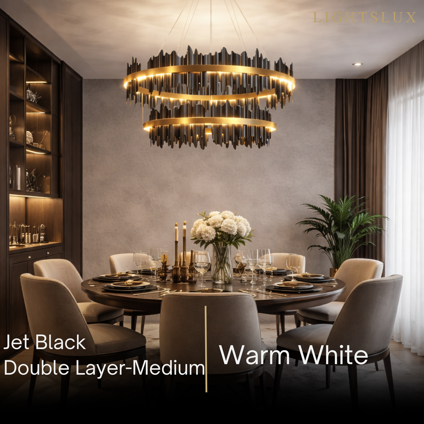 Excelis Dual-Ring Chandelier – Stainless Steel in Jet Black or Polished Gold for Living Room