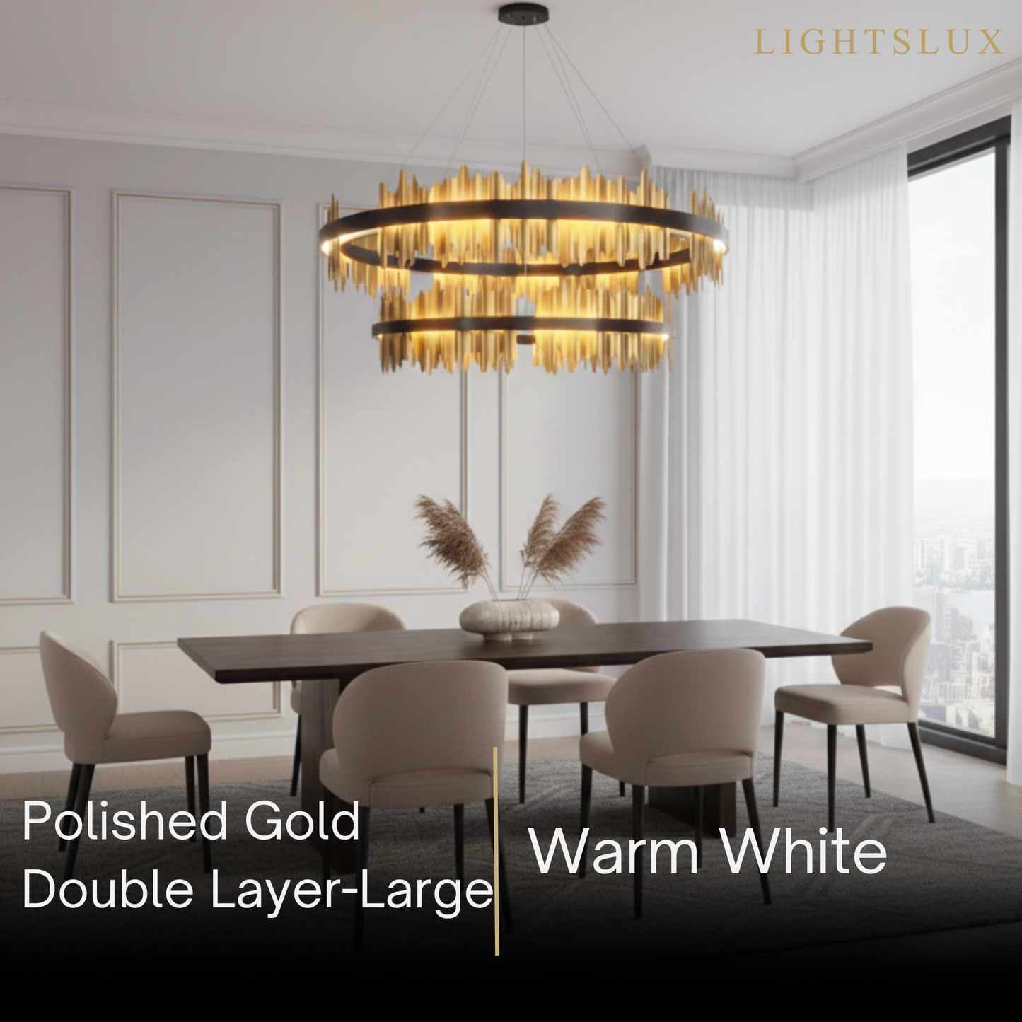Excelis Dual-Ring Chandelier – Stainless Steel in Jet Black or Polished Gold for Living Room