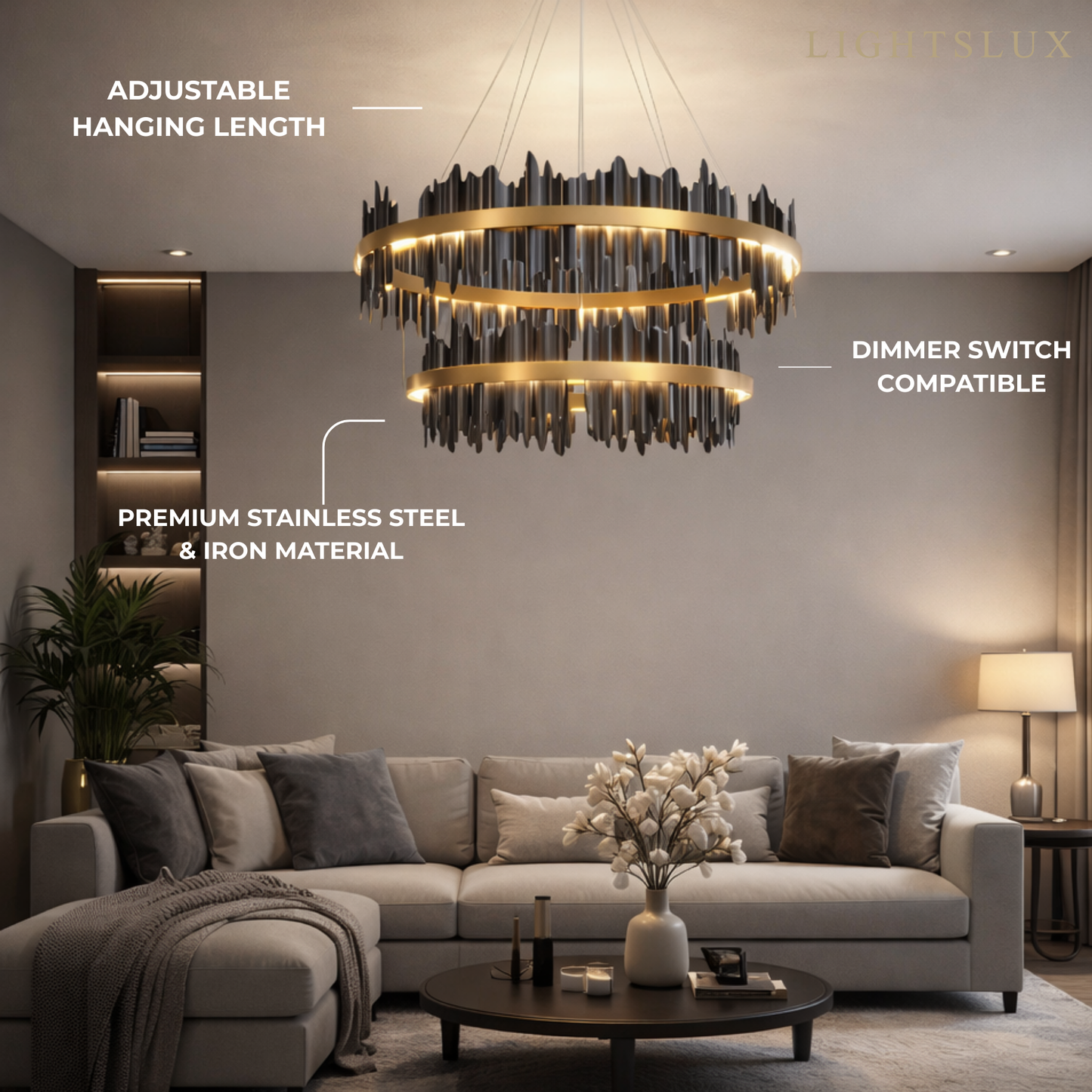Excelis Dual-Ring Chandelier – Stainless Steel in Jet Black or Polished Gold for Living Room