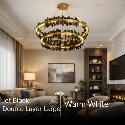Excelis Dual-Ring Chandelier – Stainless Steel in Jet Black or Polished Gold for Living Room