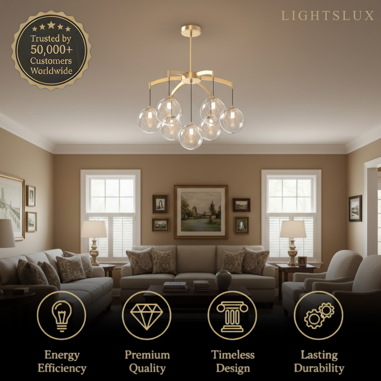 Excelis Royal Globe Chandelier – Solid Brass Brushed Gold Dimmable for Living Room